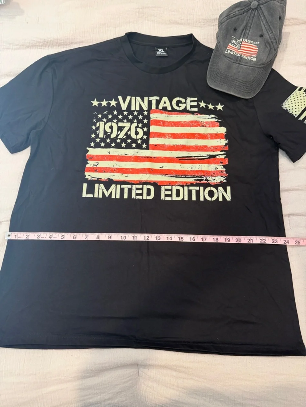 Faded Glory Black Short Sleeve Tee with Red & White Flag Graphic & Hat